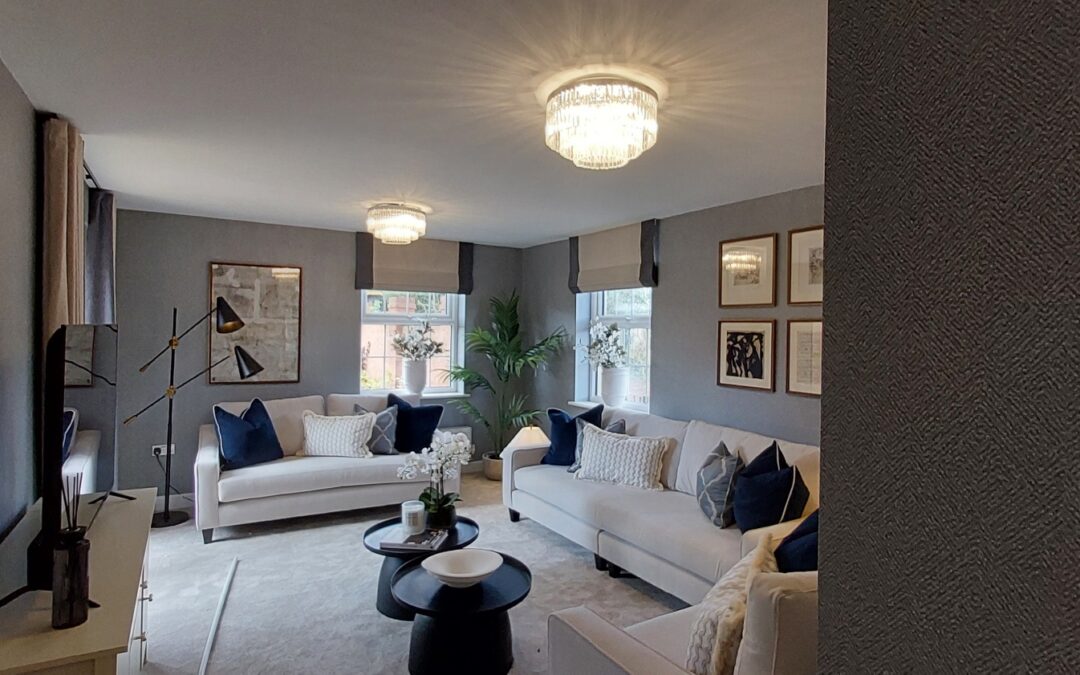 Contemporary living room with neutral sofas and modern interior design