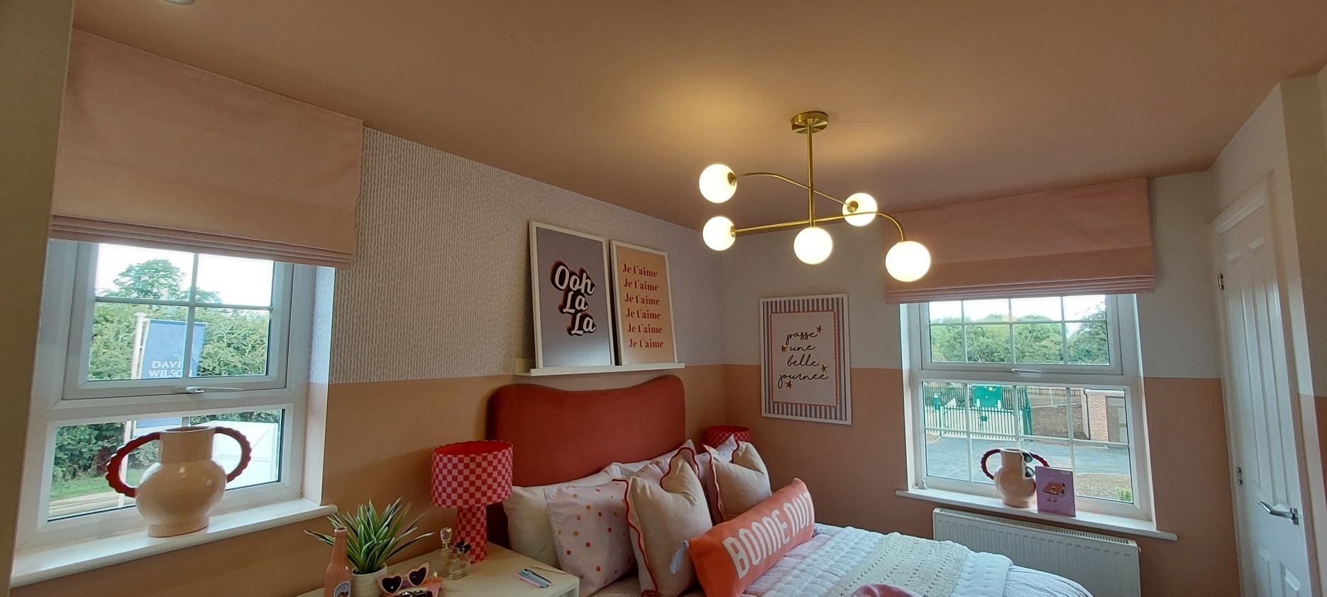 Modern bedroom interior with soft pastel decor and stylish lighting Modern bedroom interior with soft pastel decor and stylish lighting